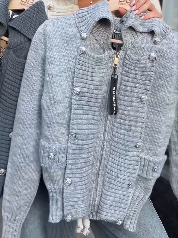 Women Lapel Knitted Double-breasted Casual Coat