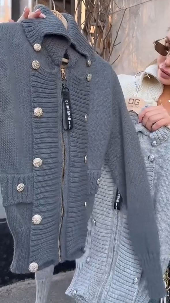 Women Lapel Knitted Double-breasted Casual Coat