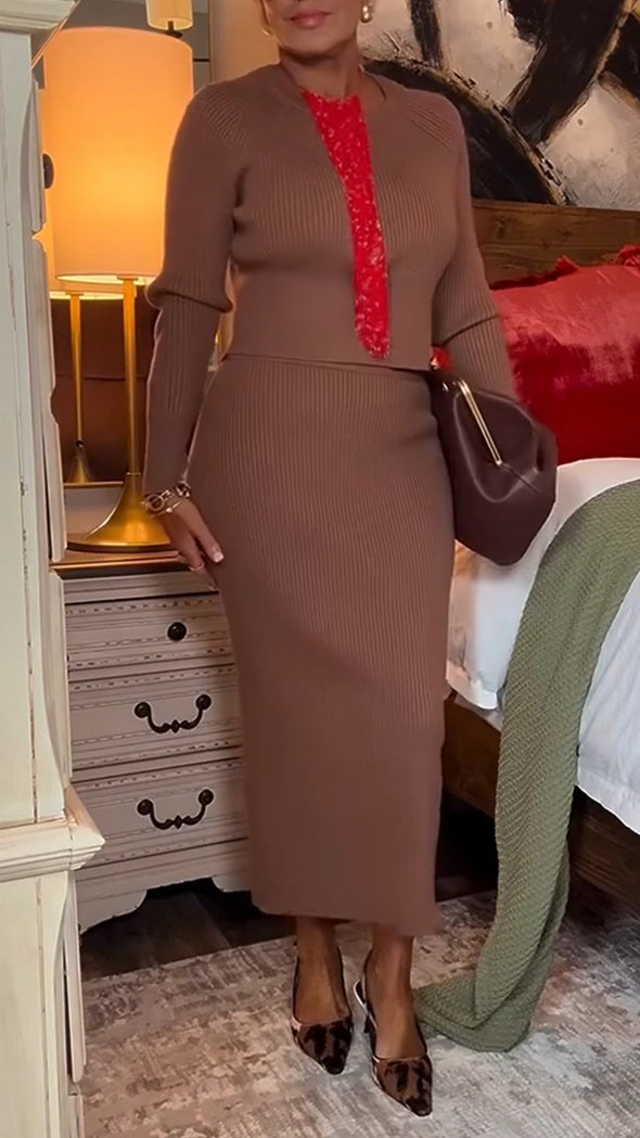 Women Round Neck Solid Color Knitted Casual Suit