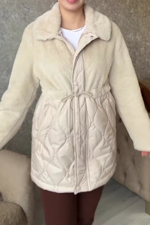 Women Casual Plush Paneled Waist Drawstring Jacket