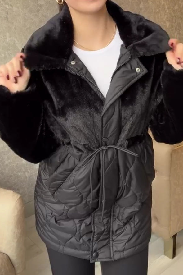 Women Casual Plush Paneled Waist Drawstring Jacket
