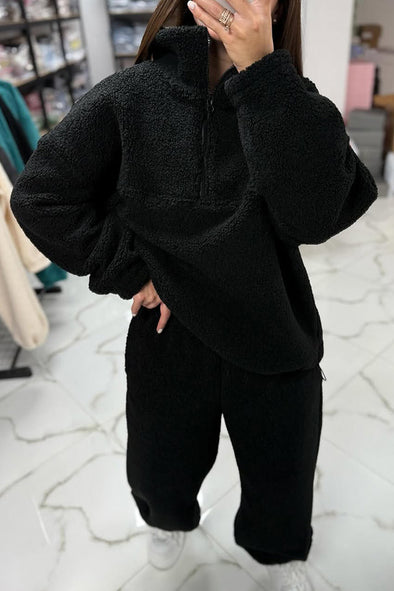 Women Casual Turtleneck Metal Zipper Half-Placket Pullover Plush Sweatshirt + Pants Suit