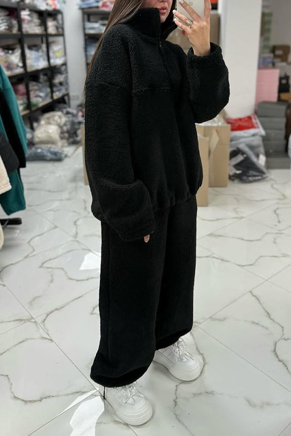 Women Casual Turtleneck Metal Zipper Half-Placket Pullover Plush Sweatshirt + Pants Suit