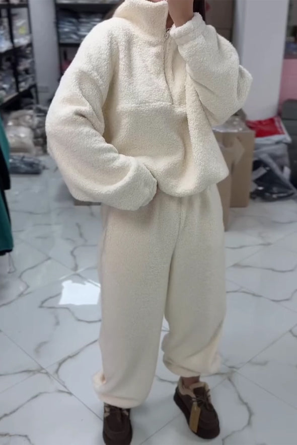 Women Casual Turtleneck Metal Zipper Half-Placket Pullover Plush Sweatshirt + Pants Suit