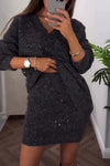 Women Elegant Shiny Loose Sweater + Skirt Suit