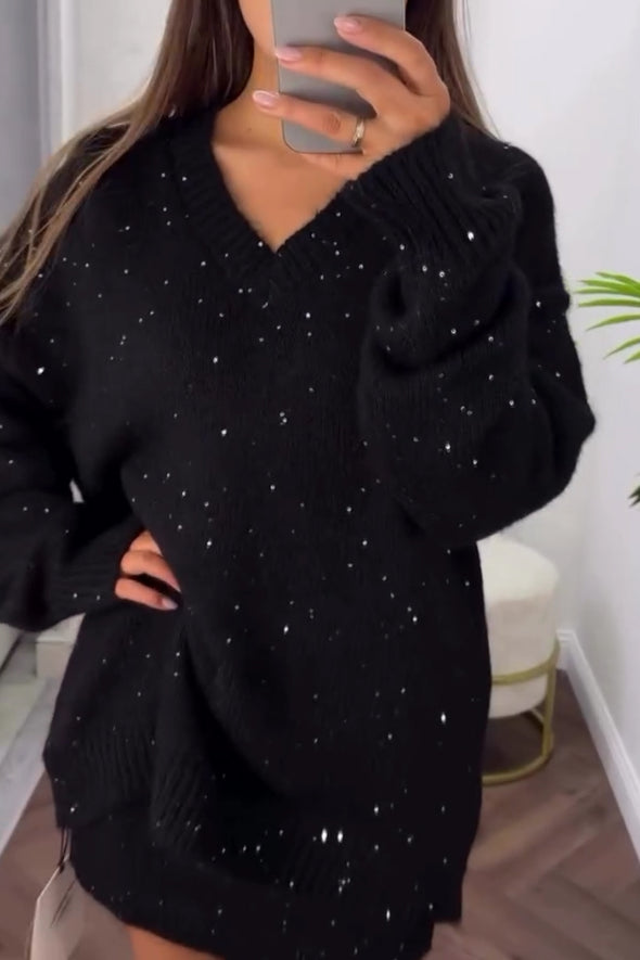 Women Elegant Shiny Loose Sweater + Skirt Suit