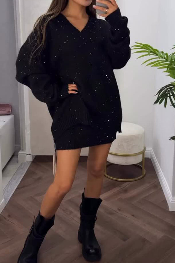 Women Elegant Shiny Loose Sweater + Skirt Suit