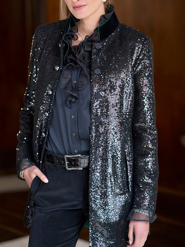 Women Stand Collar Sequined Temperament Commuter Jacket