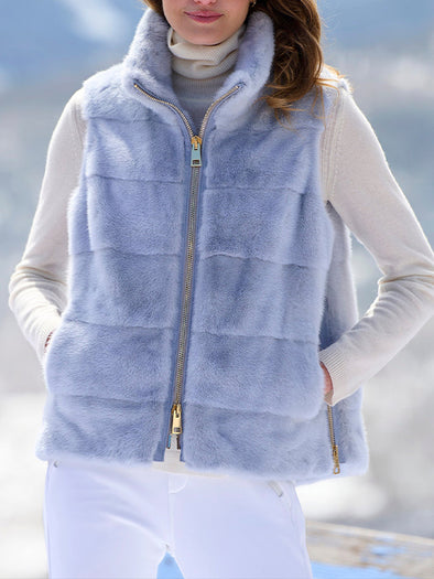 Women Stand Collar Zipper Casual Plush Vest