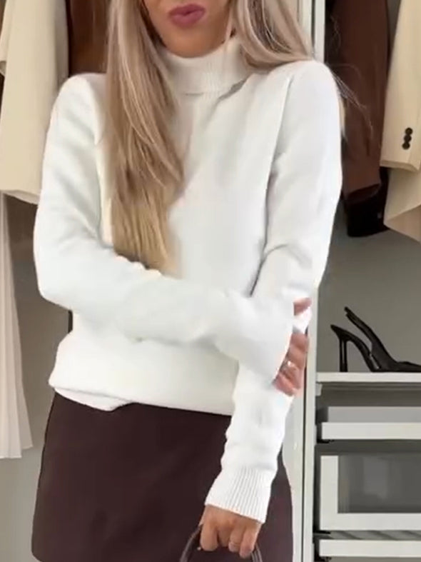 Women High Collar Solid Color Knitted Sweater