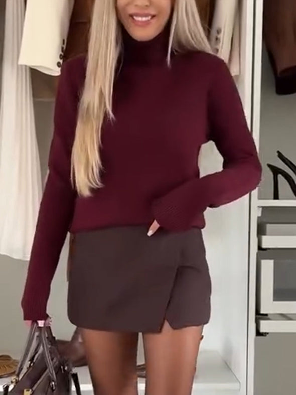 Women High Collar Solid Color Knitted Sweater