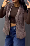 Women Casual Leather Panel Plush Zipper Pocket Vest Jacket