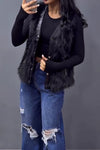 Women Casual Leather Panel Plush Zipper Pocket Vest Jacket