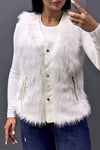 Women Casual Leather Panel Plush Zipper Pocket Vest Jacket