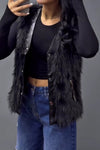 Women Casual Leather Panel Plush Zipper Pocket Vest Jacket