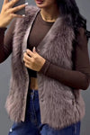 Women Casual Leather Panel Plush Zipper Pocket Vest Jacket
