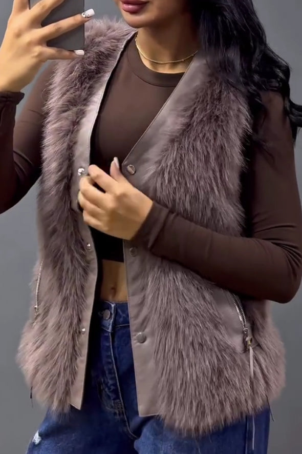 Women Casual Leather Panel Plush Zipper Pocket Vest Jacket