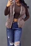 Women Casual Leather Panel Plush Zipper Pocket Vest Jacket