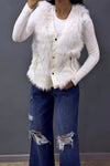 Women Casual Leather Panel Plush Zipper Pocket Vest Jacket