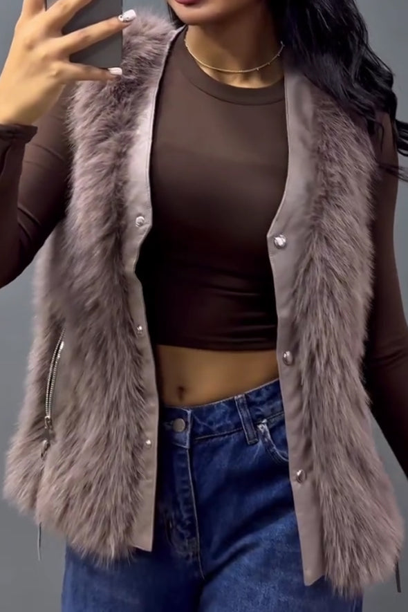 Women Casual Leather Panel Plush Zipper Pocket Vest Jacket