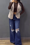 Women Casual Leather Panel Plush Zipper Pocket Vest Jacket