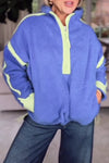 Women Casual Contrast Color Stitching Zipper Half-Placket Stand Collar Plush Sweatshirt