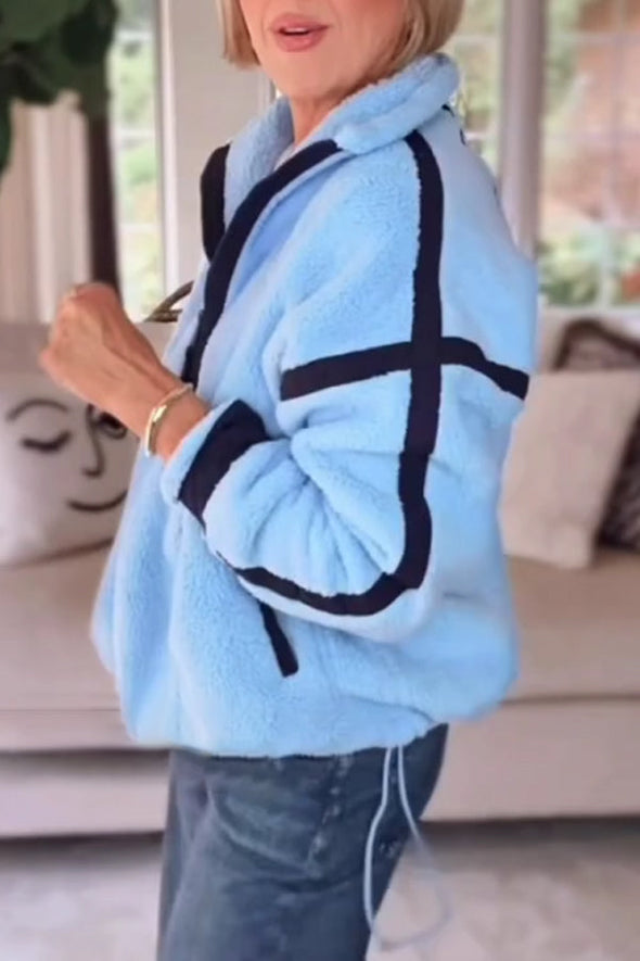 Women Casual Contrast Color Stitching Zipper Half-Placket Stand Collar Plush Sweatshirt