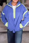 Women Casual Contrast Color Stitching Zipper Half-Placket Stand Collar Plush Sweatshirt
