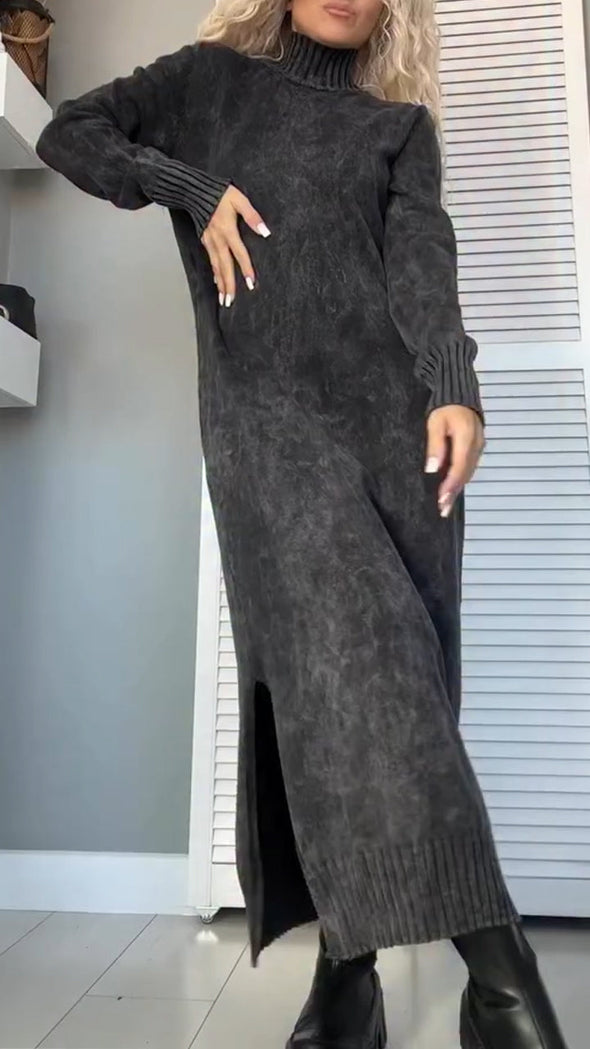 Women High-neck Spliced knitted Side Slit Casual Dress