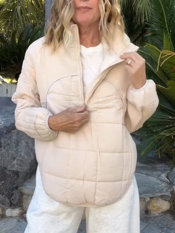 Women Lapel Half Zipper Solid Color Casual Cotton Top