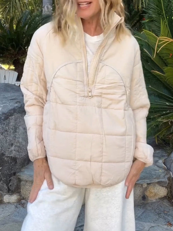 Women Lapel Half Zipper Solid Color Casual Cotton Top