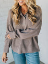 Women Lapel Buttoned Waffle Knit Casual Top