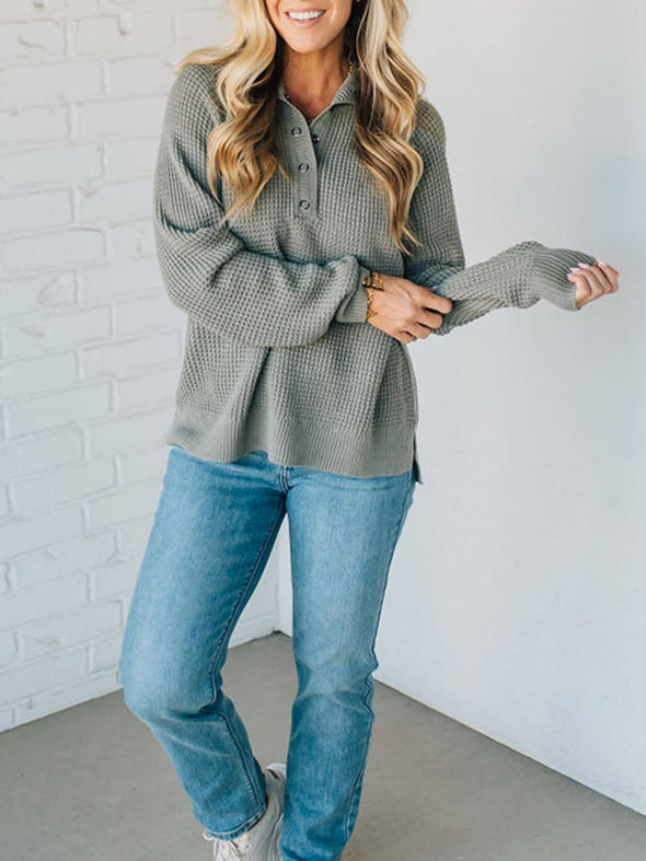 Women Lapel Buttoned Waffle Knit Casual Top