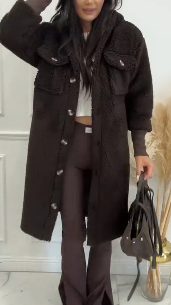 Women Hooded Buttoned Casual Plush Coat