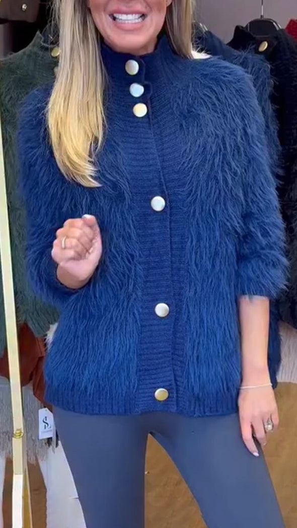 Women Round-neck Buttoned Casual Plush Coat