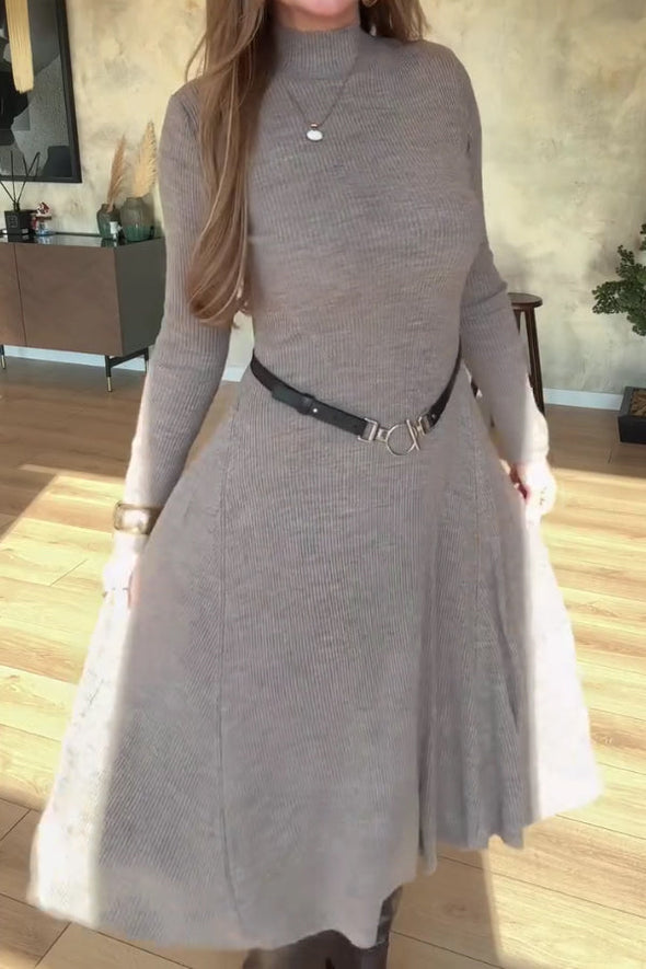Women Elegant Half-Turtleneck Stretch Slim-Fit Knit A-Line Dress