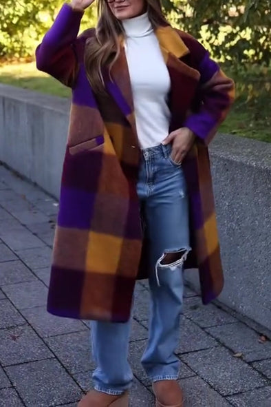 Women Autumn Winter Colorful Plaid Long Coat