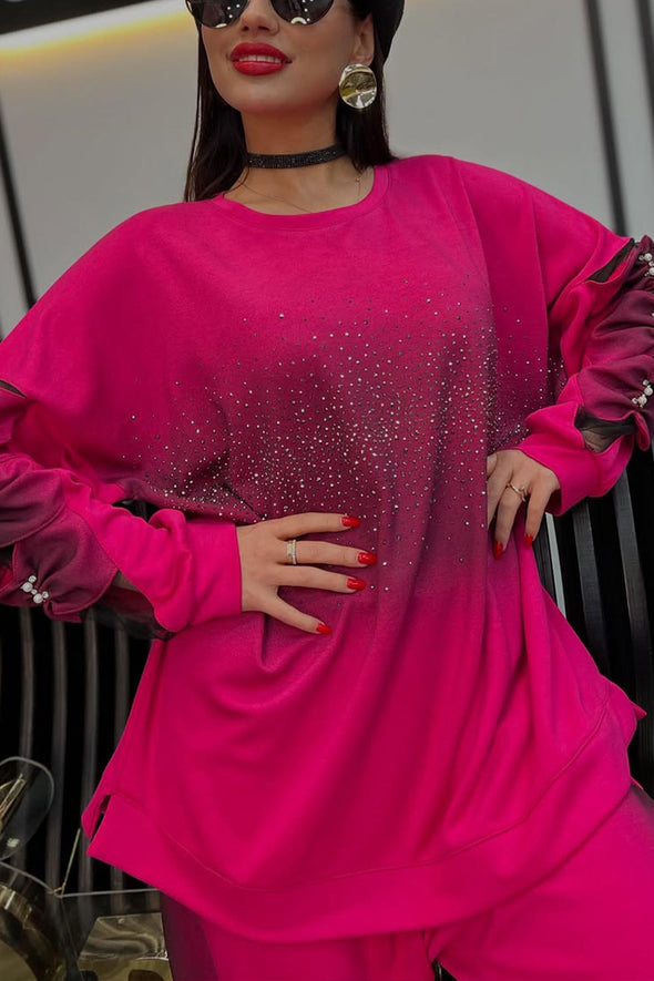 Women Round Neck Hot Diamond Mesh Splicing Bow Sleeves + Pants Casual Suit