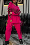 Women Round Neck Hot Diamond Mesh Splicing Bow Sleeves + Pants Casual Suit