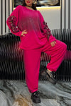 Women Round Neck Hot Diamond Mesh Splicing Bow Sleeves + Pants Casual Suit