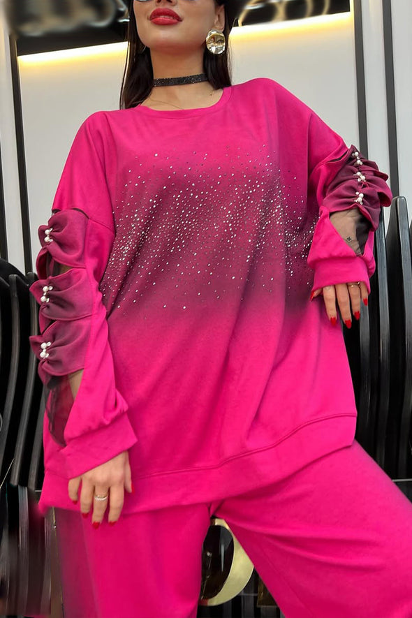 Women Round Neck Hot Diamond Mesh Splicing Bow Sleeves + Pants Casual Suit