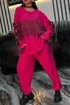Women Round Neck Hot Diamond Mesh Splicing Bow Sleeves + Pants Casual Suit