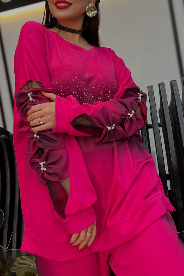 Women Round Neck Hot Diamond Mesh Splicing Bow Sleeves + Pants Casual Suit