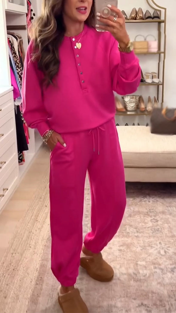 Women Round Neck Half-breasted Top + Drawstring Pants Casual Suit