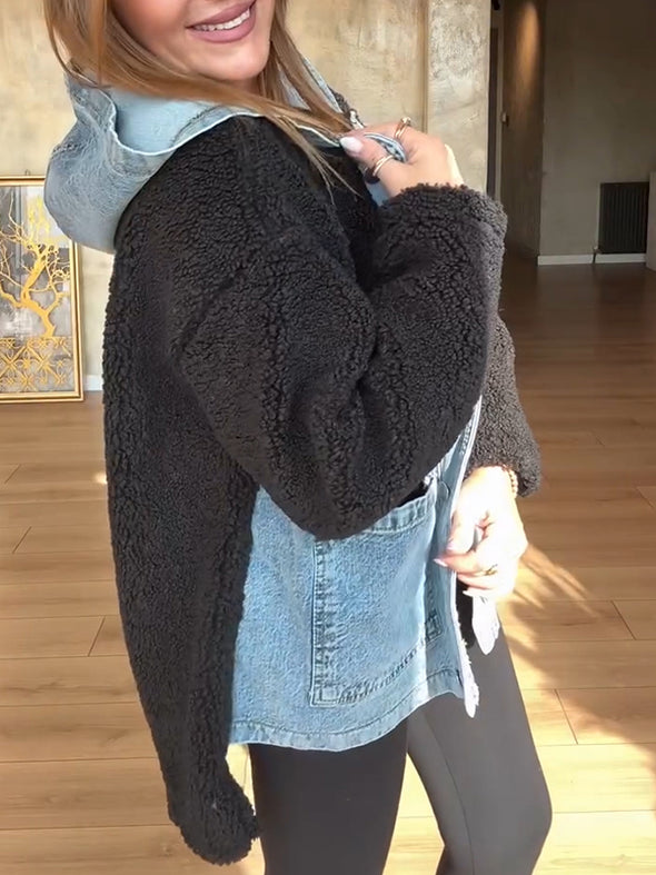 Women Hooded Spliced Denim Plush Casual Jacket