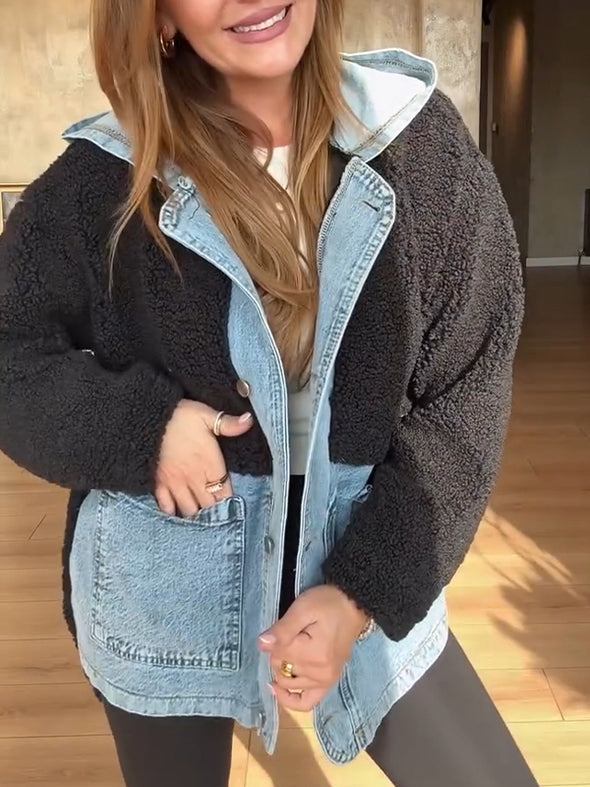 Women Hooded Spliced Denim Plush Casual Jacket
