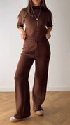 Women Round Neck Solid Color Casual Suit