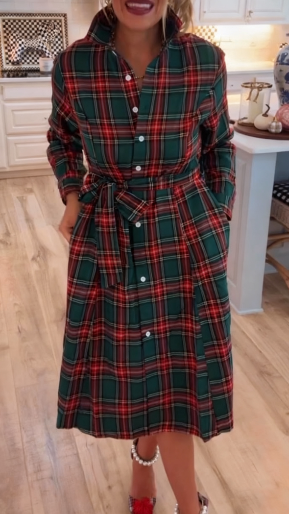 Women Stand Collar Buttoned Plaid Casual Dress