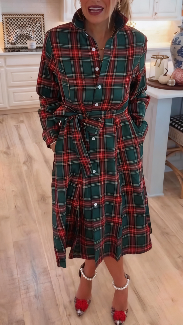 Women Stand Collar Buttoned Plaid Casual Dress