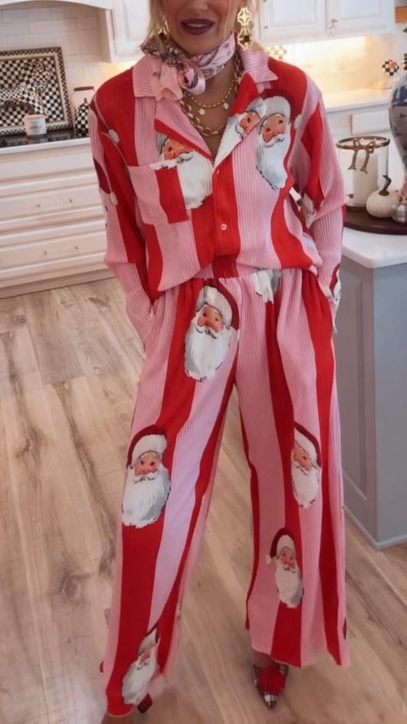 Women Lapel Christmas Element Printed Casual Suit